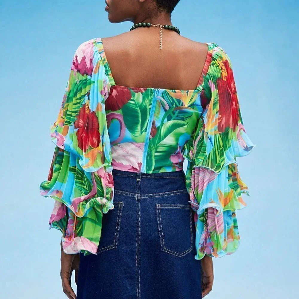 Green Boho Womens Tropical Print Lettuce Trim Layered Sleeve Crop Top - Picture 4 of 5